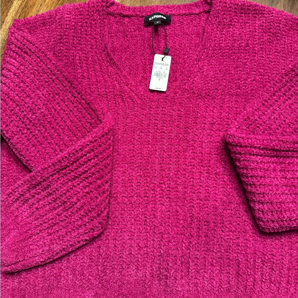 Express V-Neck Chenille Sweater in Fuchsia